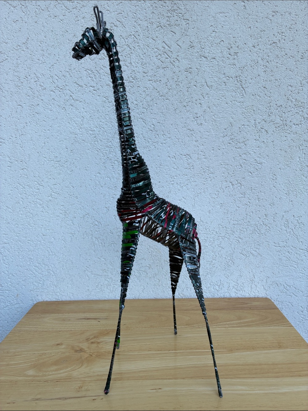Handcrafted Multicolor Metal Giraffe Sculpture - recycled can art  mostly green
